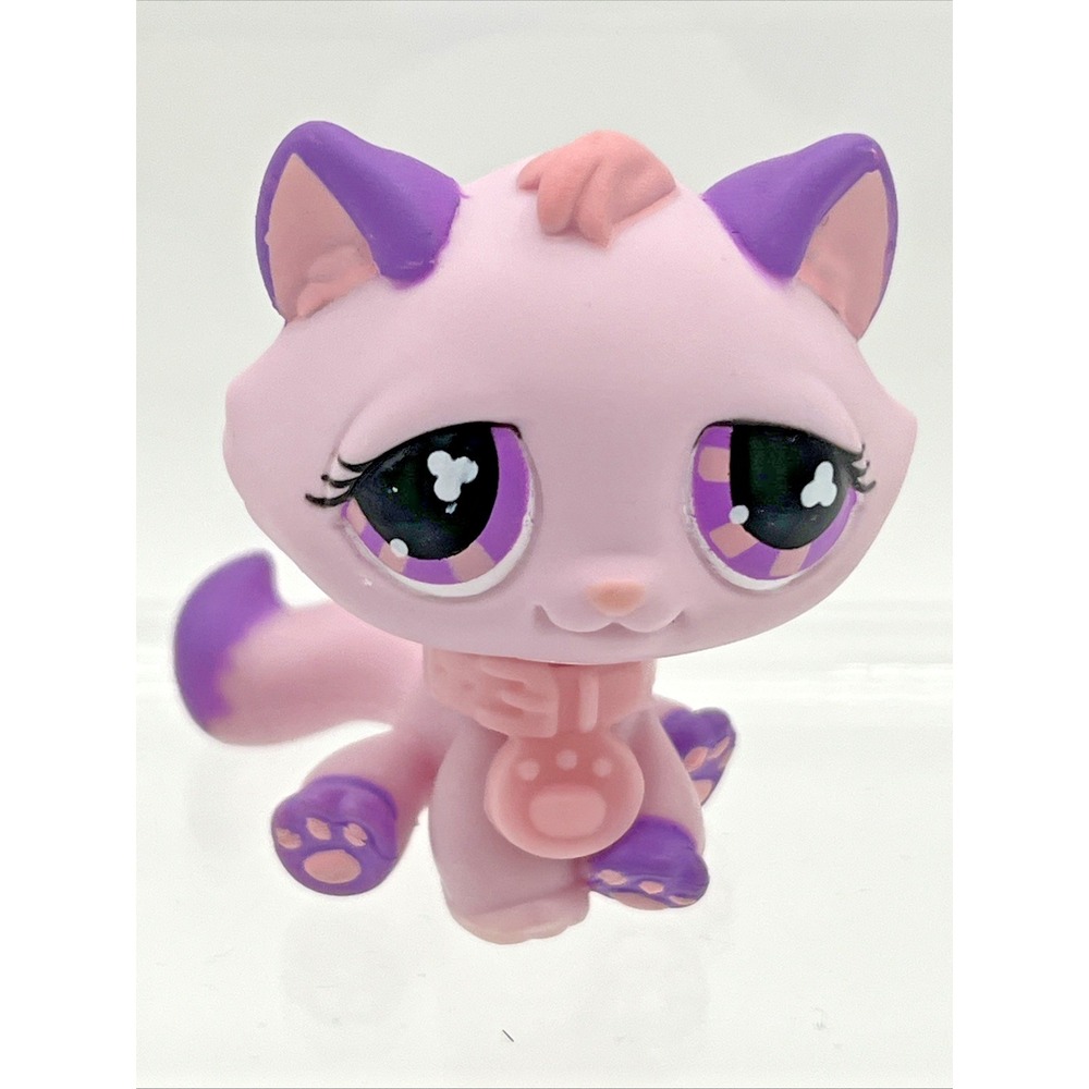 Authentic Littlest Pet Shop #576 Purple pink tabby cat clover eyes LPS Hasbro